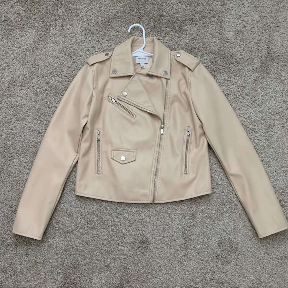 Nine West Neutral Beige Faux Leather Moto Jacket
